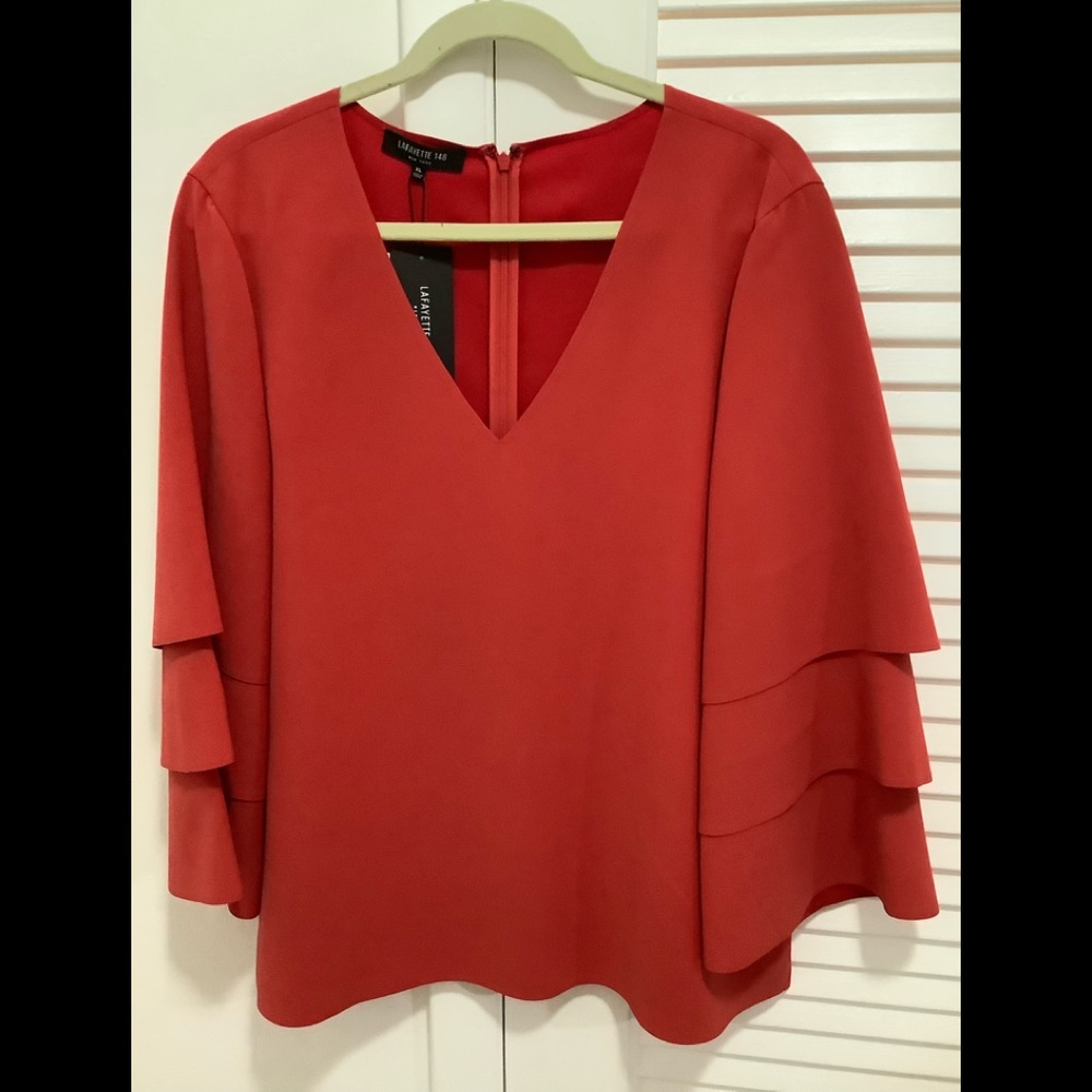 Lafayette crepe v-neck tunic with tiered bell sleeves